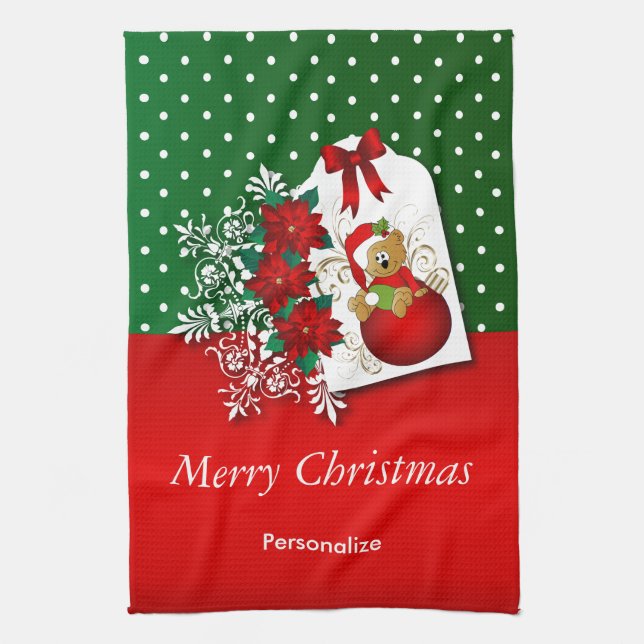 Cute Holiday Christmas Bear Tea Towel (Vertical)
