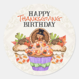 Cute Holiday Cupcakes Happy Thanksgiving Birthday Classic Round Sticker