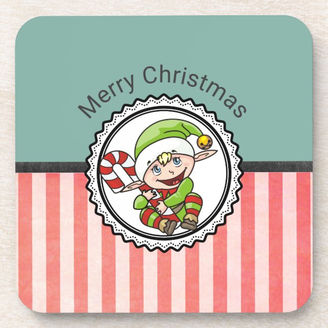 Cute Holiday Elf with Candy Cane Merry Christmas Coaster (Front)