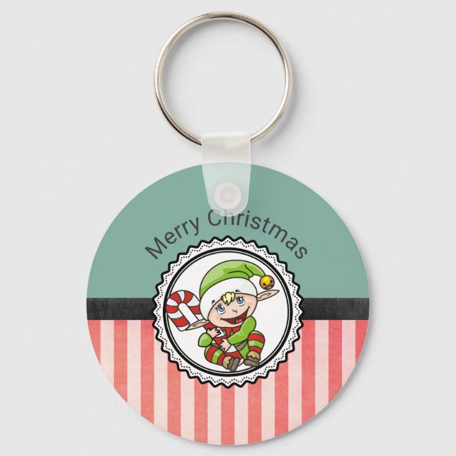Cute Holiday Elf with Candy Cane Merry Christmas Key Ring (Front)