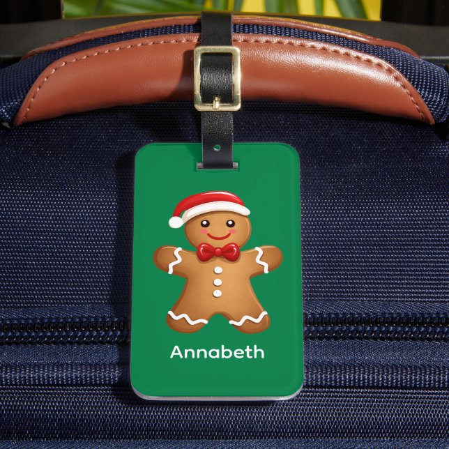 Cute Holiday Gingerbread Man Personalised Luggage Tag (Front Insitu 2)
