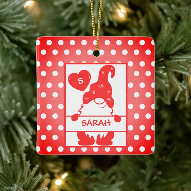 Cute Holiday Gnome Polka Dots Red White Name Year Ceramic Ornament (Tree)