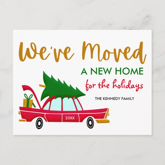 Cute Holiday Moving Christmas Tree Car New Home Announcement Postcard (Front)