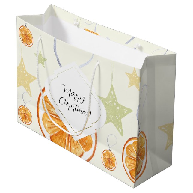 Cute Holiday Orange and Stars On Beige Large Gift Bag (Front Angled)