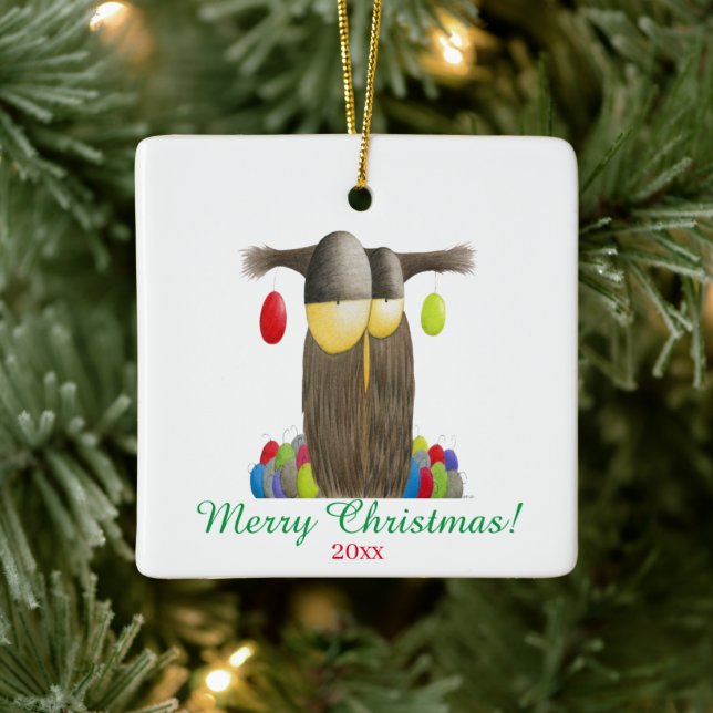 Cute Holiday Owl Illustration Ceramic Ornament (Tree)