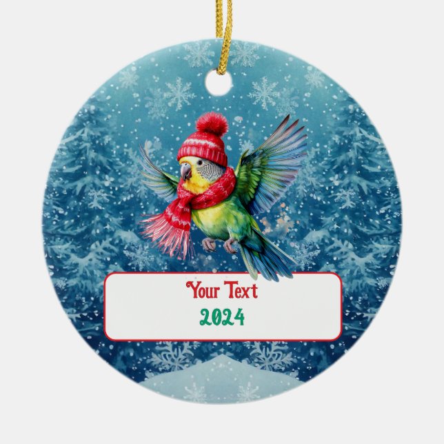 Cute Holiday Parakeet Ceramic Tree Decoration (Front)