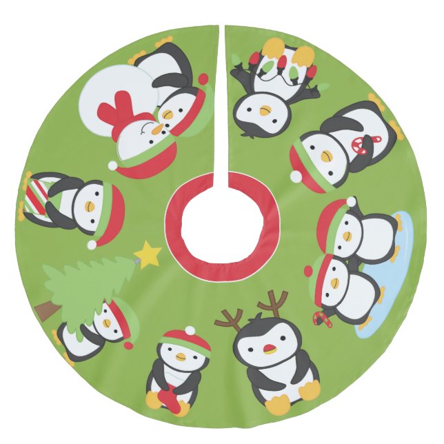 Cute Holiday Penguins Festive Christmas Tree Skirt (Front)