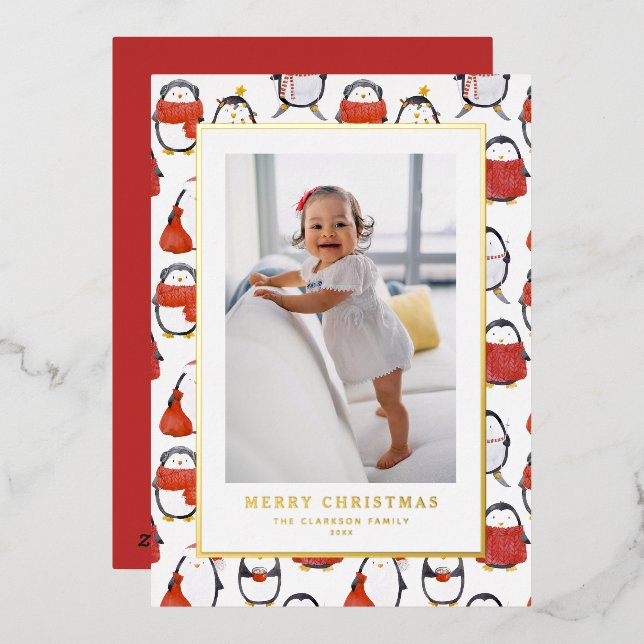 Cute Holiday Penguins Pattern Christmas Photo (Front/Back)