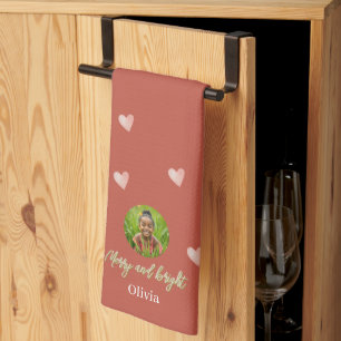 Cute Holiday Pink Heart Hand-painted Tea Towel