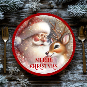 Cute Holiday Plates with Cartoon Santa and Rudolph