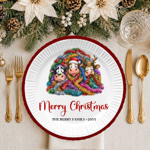 Cute Holiday quirky cow playful christmas paper pl Plate