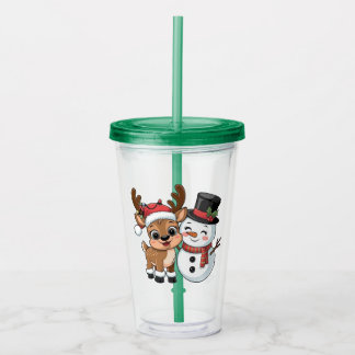 Cute Holiday Reindeer & Snowman Acrylic Tumbler