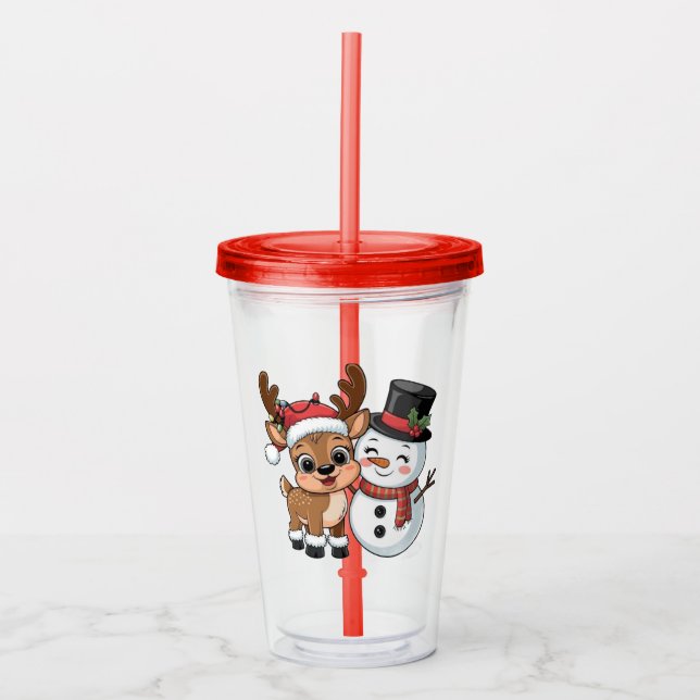 Cute Holiday Reindeer & Snowman Acrylic Tumbler (Front)