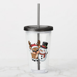 Cute Holiday Reindeer & Snowman Acrylic Tumbler