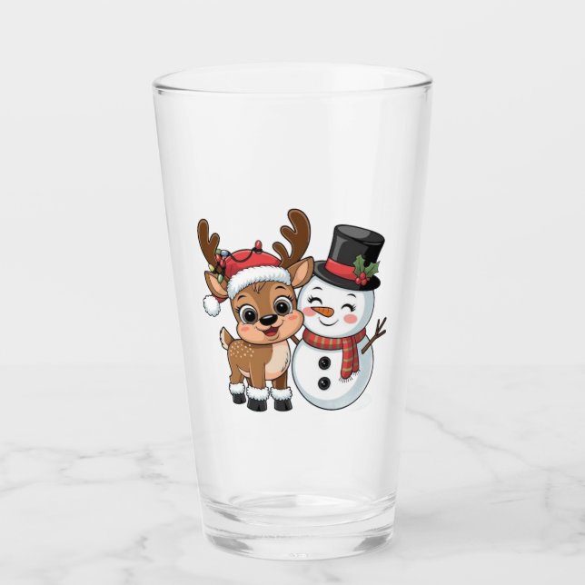 Cute Holiday Reindeer & Snowman Glass (Front)