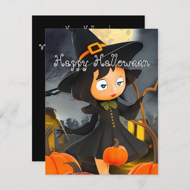 Cute Holloween Witch Full Moon Pumpkin Patch Holid Holiday Card (Front/Back)
