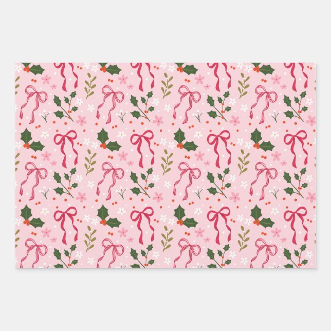 Cute Holly and Bow Wrapping Paper (Front)