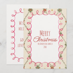 Cute Holly Berries Pink Whimsical Frame Christmas Holiday Card