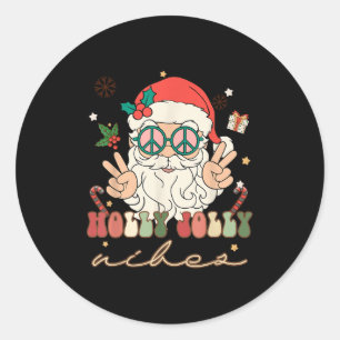 Cute Holly Christmas Jolly Vibes Hippie Santa Wint Classic Round Sticker