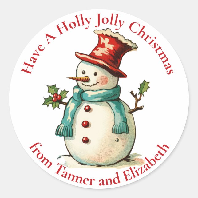 Cute Holly Jolly Snowman Custom Christmas  Classic Round Sticker (Front)