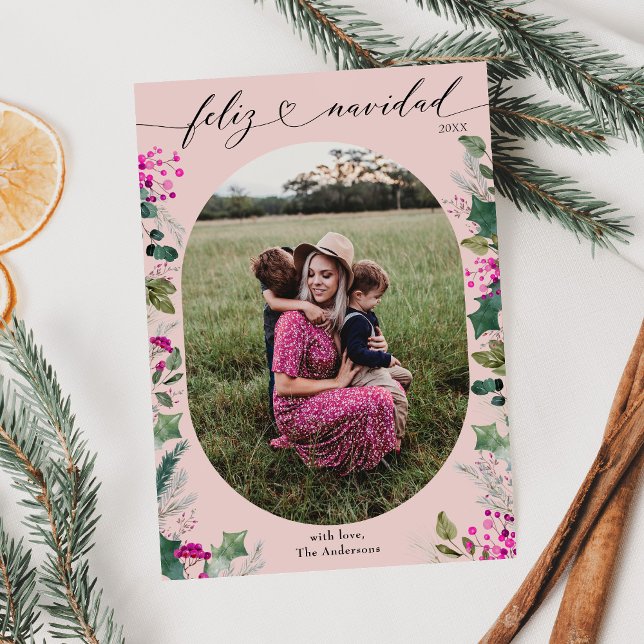 Cute Holly Photo Feliz Navidad Card (Creator Uploaded)