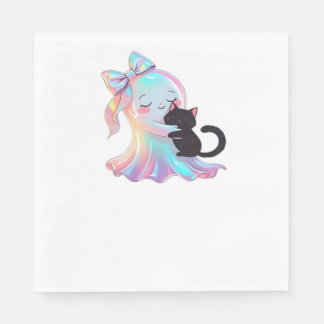 Cute Holographic Ghost Hugging Black Cat Cosy Girl Napkin