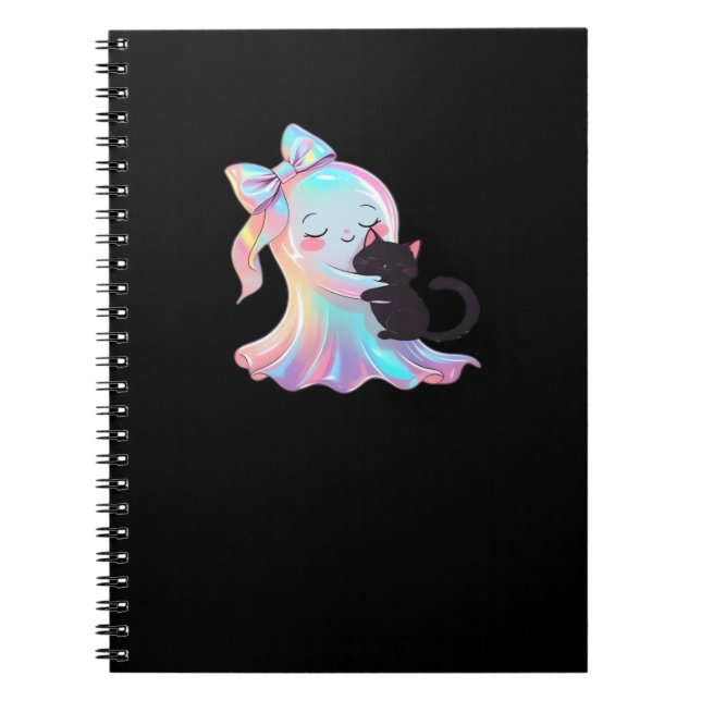 Cute Holographic Ghost Hugging Black Cat Cosy Girl Notebook (Front)