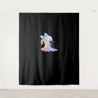 Cute Holographic Ghost Hugging Black Cat Cosy Girl Tapestry