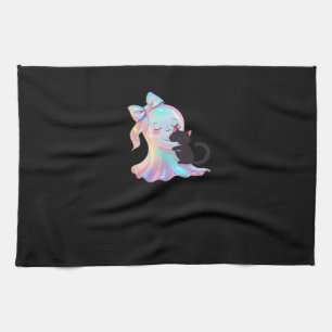 Cute Holographic Ghost Hugging Black Cat Cosy Girl Tea Towel