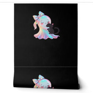 Cute Holographic Ghost Hugging Black Cat Cosy Girl Wallpaper