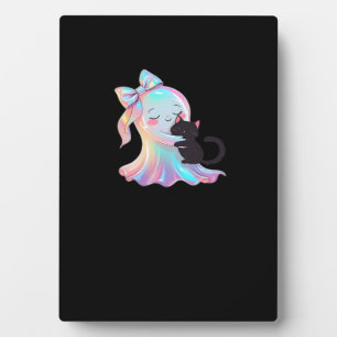 Cute Holographic Ghost Hugging Black Cat Cozy Girl Plaque