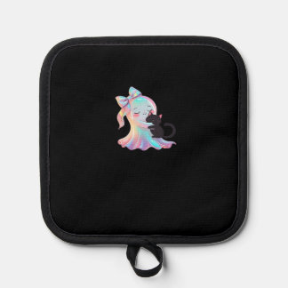 Cute Holographic Ghost Hugging Black Cat Cozy Girl Pot Holder