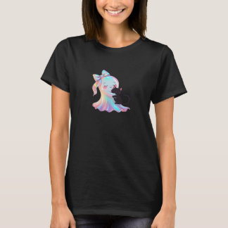 Cute Holographic Ghost Hugging Black Cat Cozy Girl T-Shirt
