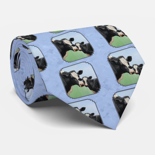 Cute Holstein Calf & Cow Sky Blue Tie (Rolled)