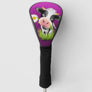 Cute Holstein cow in grass over purple Golf Head Cover