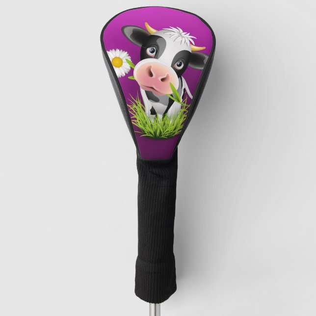 Cute Holstein cow in grass over purple Golf Head Cover (Front)