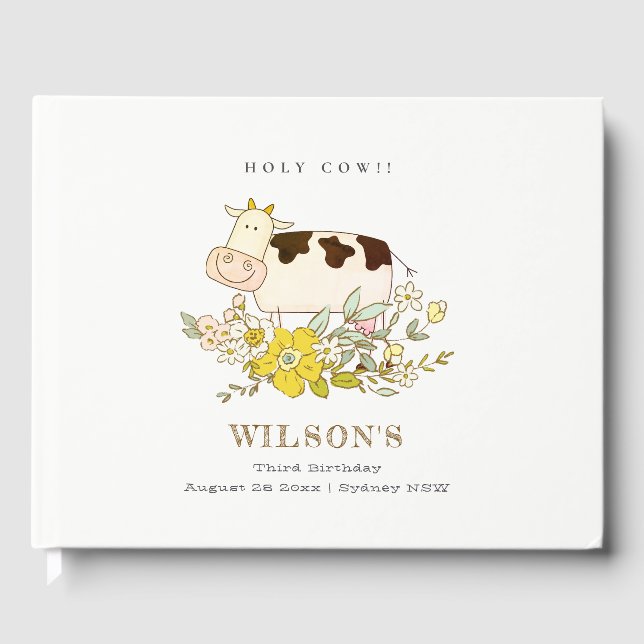 Cute Holy Cow Farm Floral Kids Any Age Birthday Guest Book (Front)