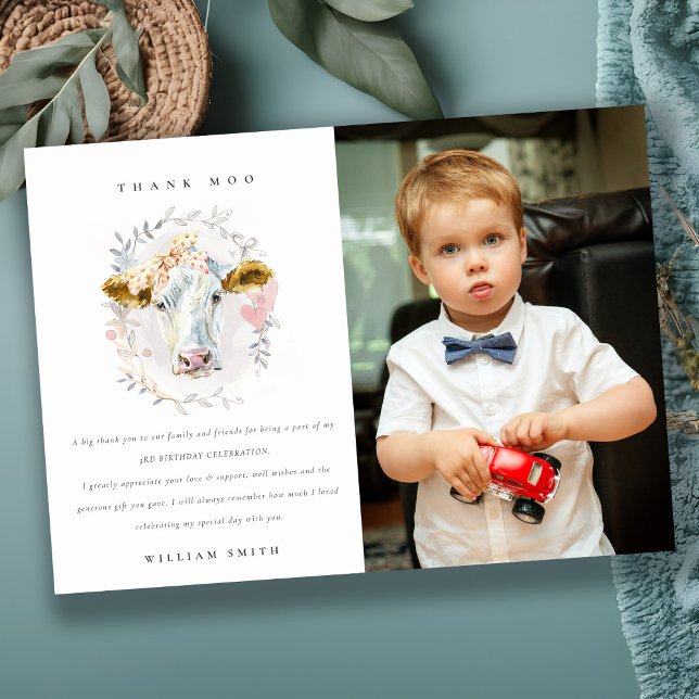 Cute Holy Cow Farm Kids Photo Any Age Birthday Thank You Card (Creator Uploaded)