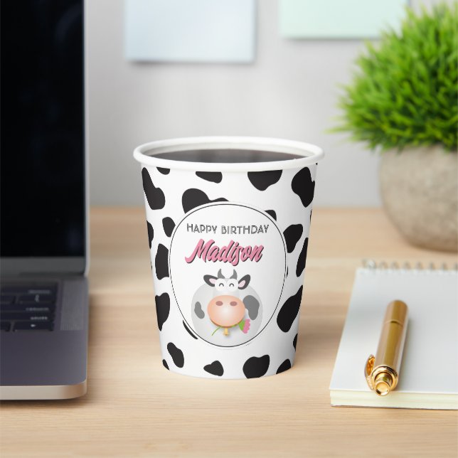 Cute Holy Cow Farm Themed Cow Print Happy Birthday Paper Cups (Insitu)