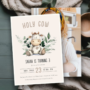 Cute Holy Cow Foliage Blush Photo Kids Birthday Invitation