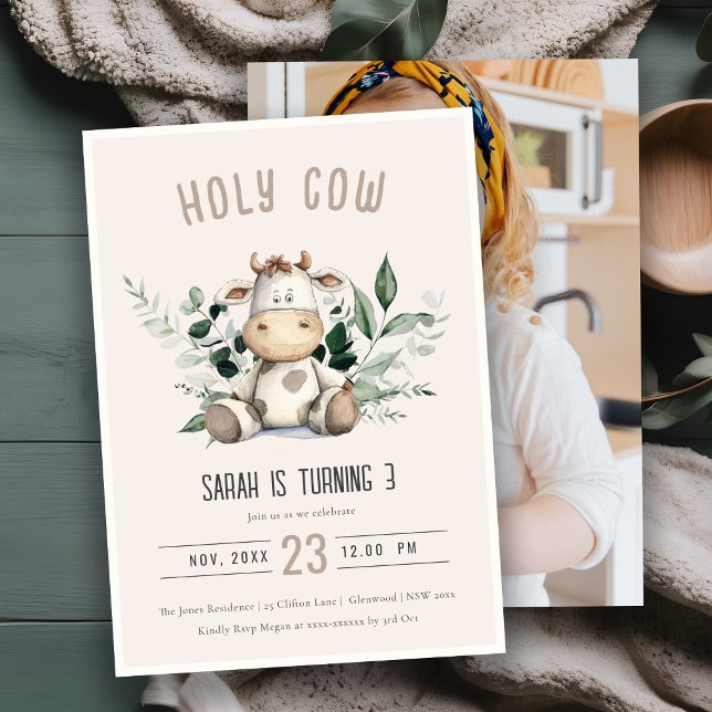 Cute Holy Cow Foliage Blush Photo Kids Birthday Invitation (Creator Uploaded)