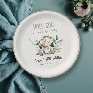 Cute Holy Cow Foliage Pastel Neutral Baby Shower Paper Plate