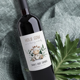 Cute Holy Cow Foliage Pastel Neutral Baby Shower Wine Label