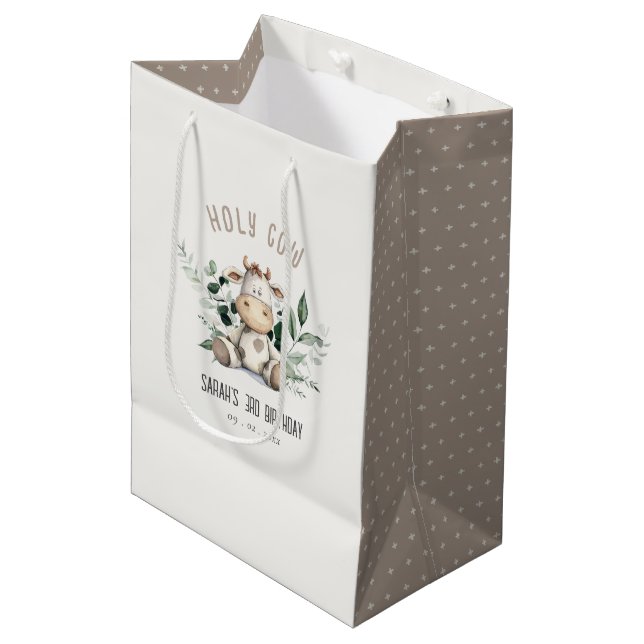Cute Holy Cow Foliage Pastel Neutral Kids Birthday Medium Gift Bag (Front Angled)