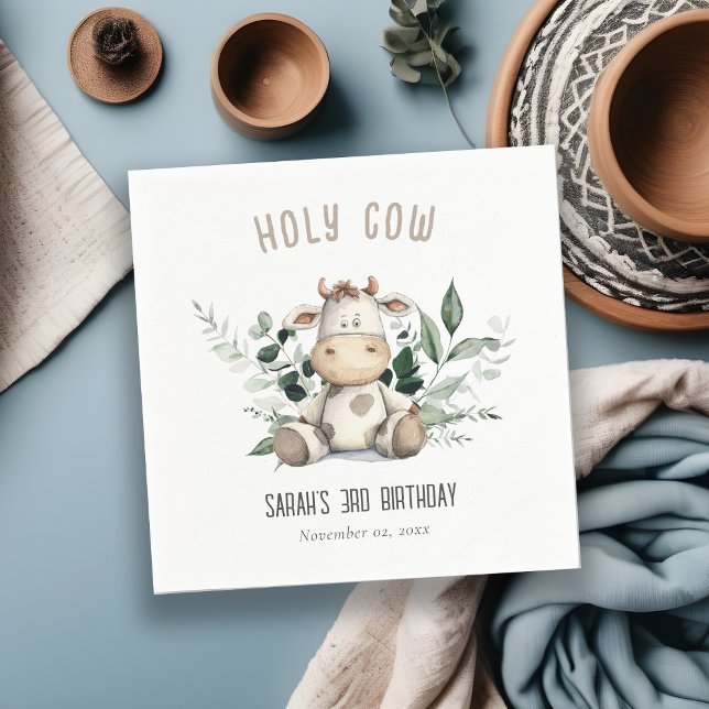 Cute Holy Cow Foliage Pastel Neutral Kids Birthday Napkin (Creator Uploaded)