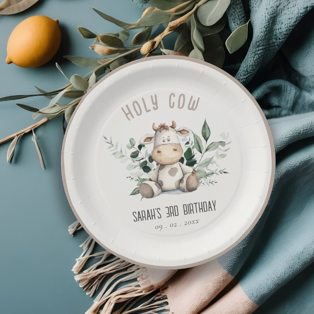 Cute Holy Cow Foliage Pastel Neutral Kids Birthday Paper Plate (Creator Uploaded)