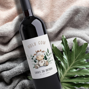 Cute Holy Cow Foliage Pastel Neutral Kids Birthday Wine Label