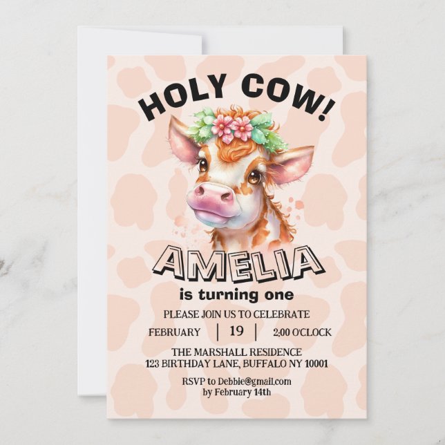 Cute Holy Cow I'm One Girl 1st Birthday  Save The Date (Front)