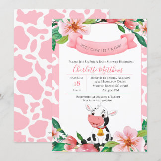 Cute Holy Cow Pink Floral Baby Shower Invitation