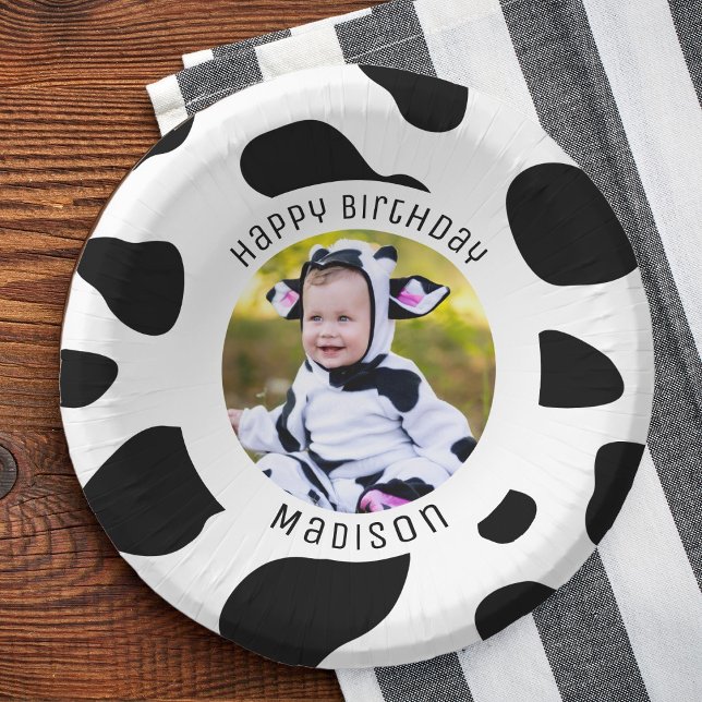 Cute Holy Cow Print Farm Happy Birthday Photo  Paper Plate (Creator Uploaded)